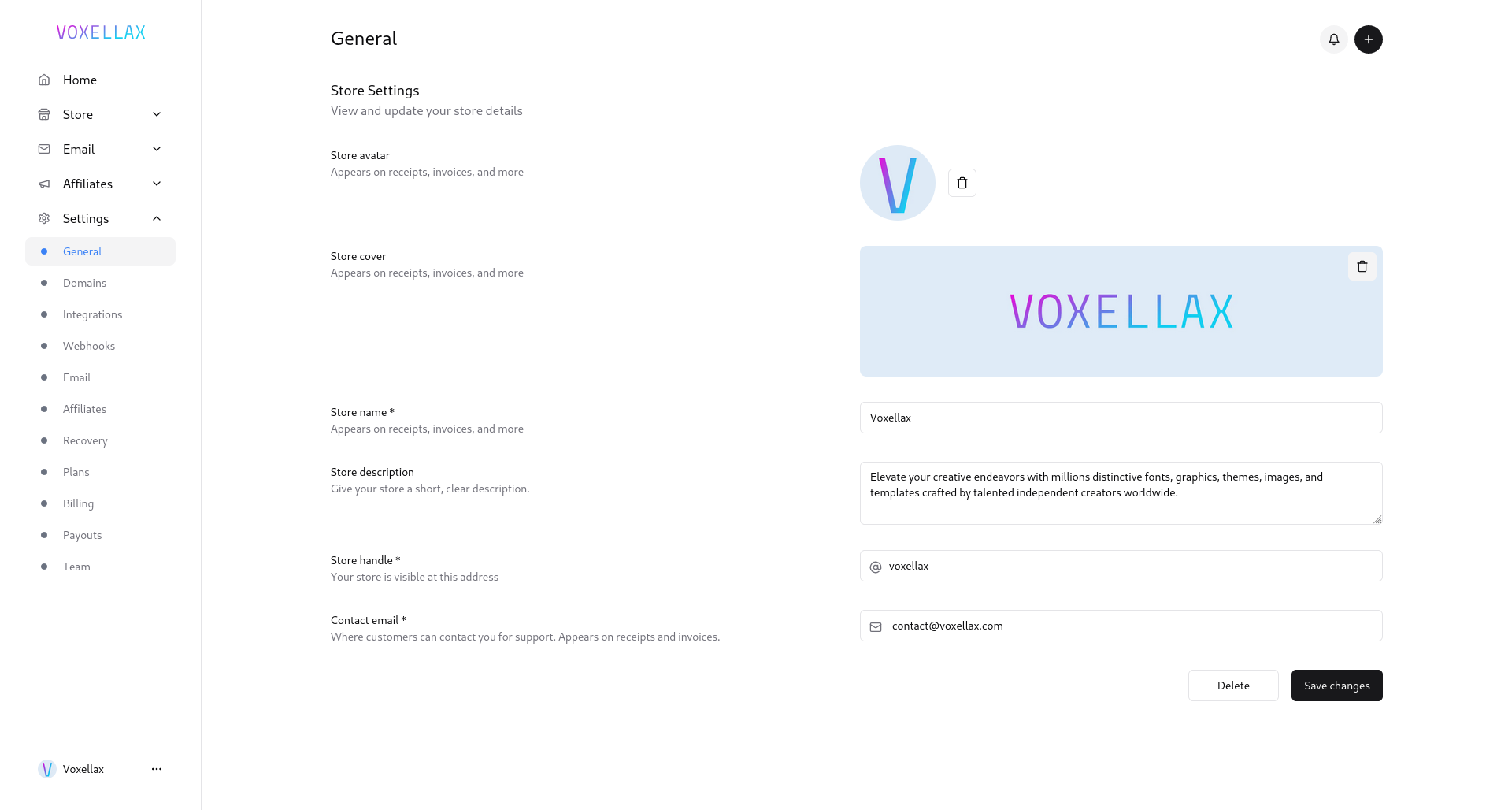 Voxellax Store Settings Page